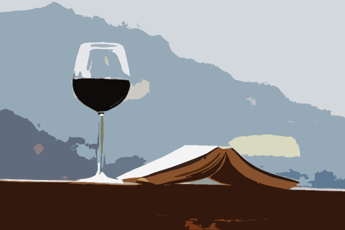 Ilustración de un libro abierto reposando junto a una copa de vino tinto
