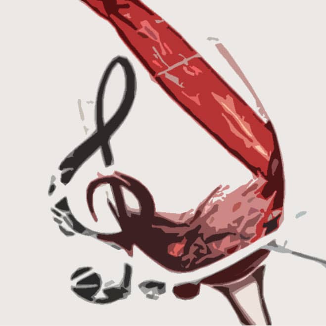 Imagen de una copa de vino recibiendo un chorro de vino que se transforma en una nota musical